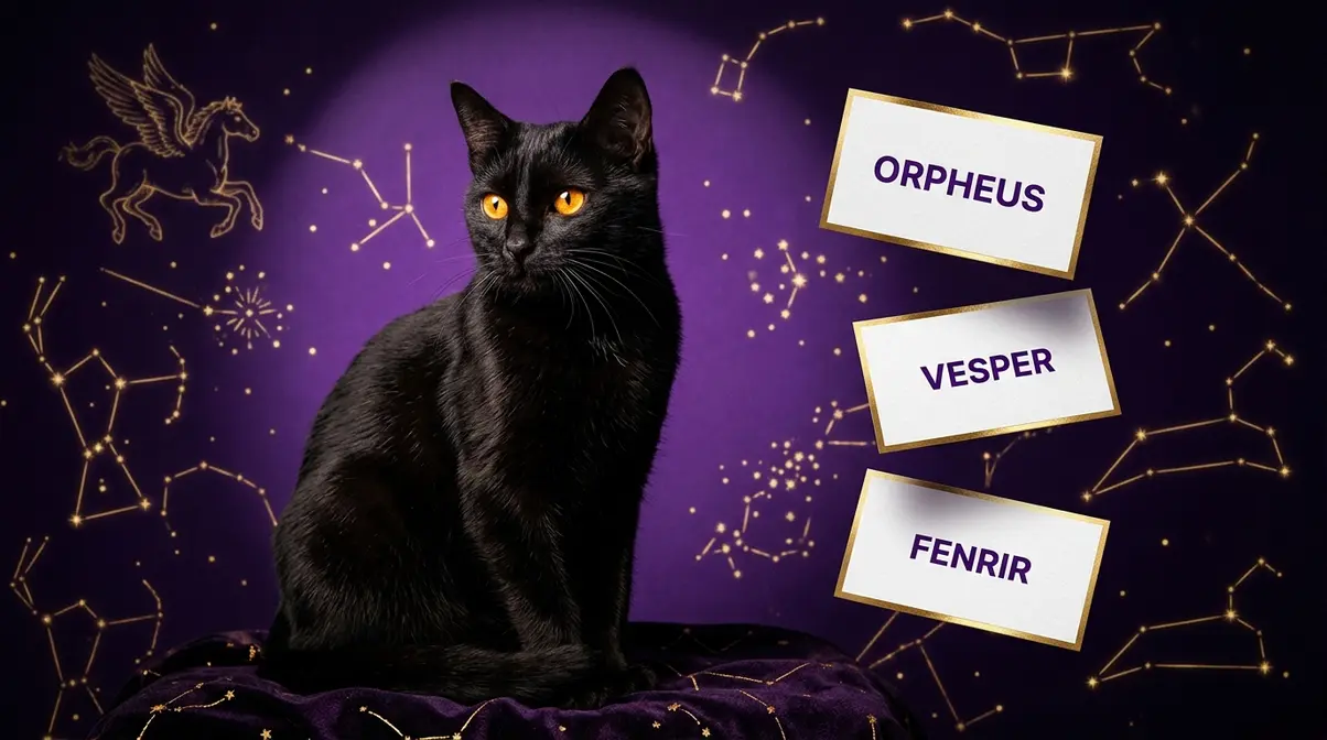 Sleek black cat with amber eyes against purple constellation background with rare mythological cat names Orpheus, Vesper, and Fenrir