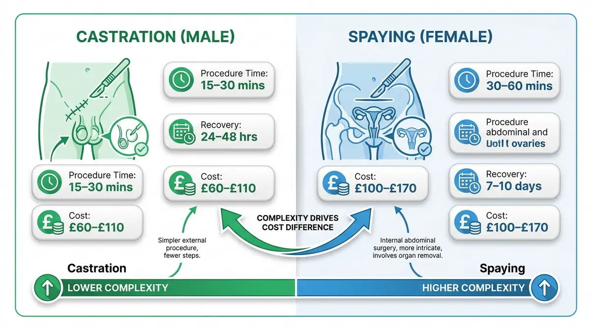 Male cat castration versus female cat spaying procedure complexity and cost comparison diagram UK