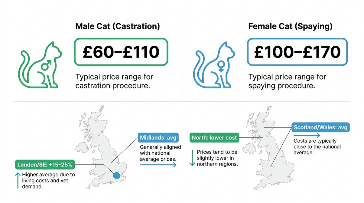 Cat neutering cost UK infographic comparing male castration and female spaying prices with regional variation
