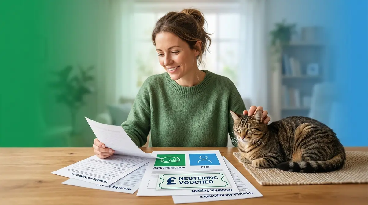 Cat owner reviewing free neutering voucher options from UK charities like Cats Protection and PDSA