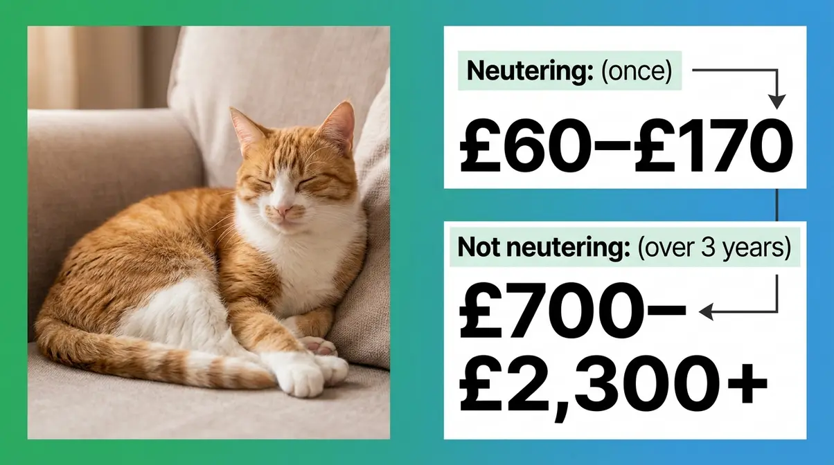 Healthy neutered cat at home alongside cost comparison showing neutering saves money long term