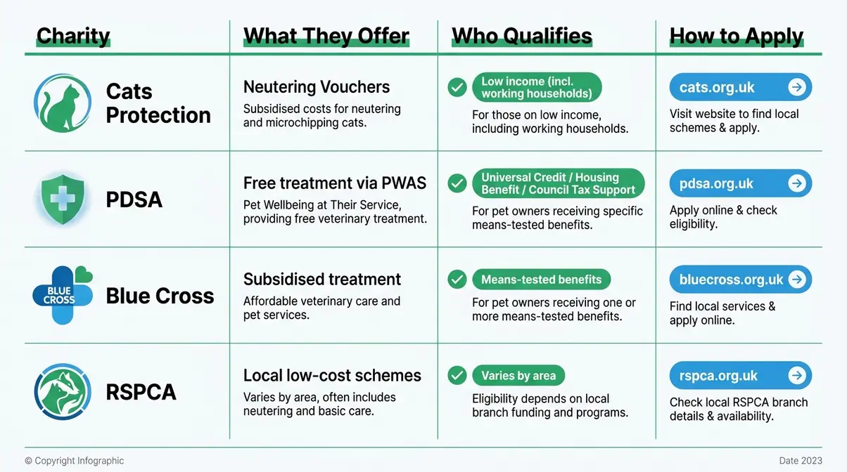 Free cat neutering UK financial assistance schemes comparison chart covering Cats Protection PDSA Blue Cross RSPCA