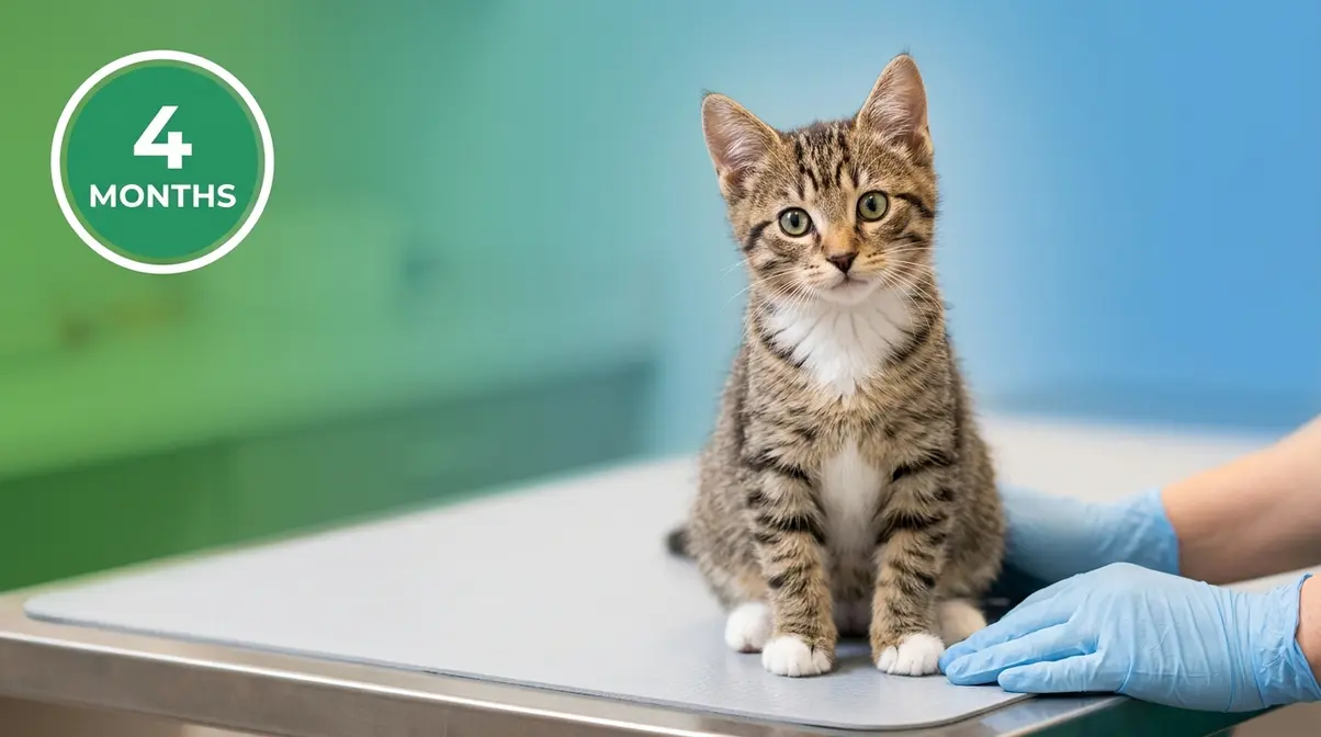 Four month old kitten at vet clinic representing the recommended age for cat neutering in the UK