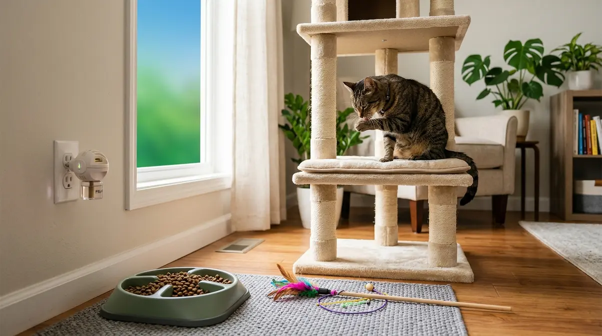 Cat enrichment setup with pheromone diffuser, puzzle feeder, and cat tree for stress-related overgrooming
