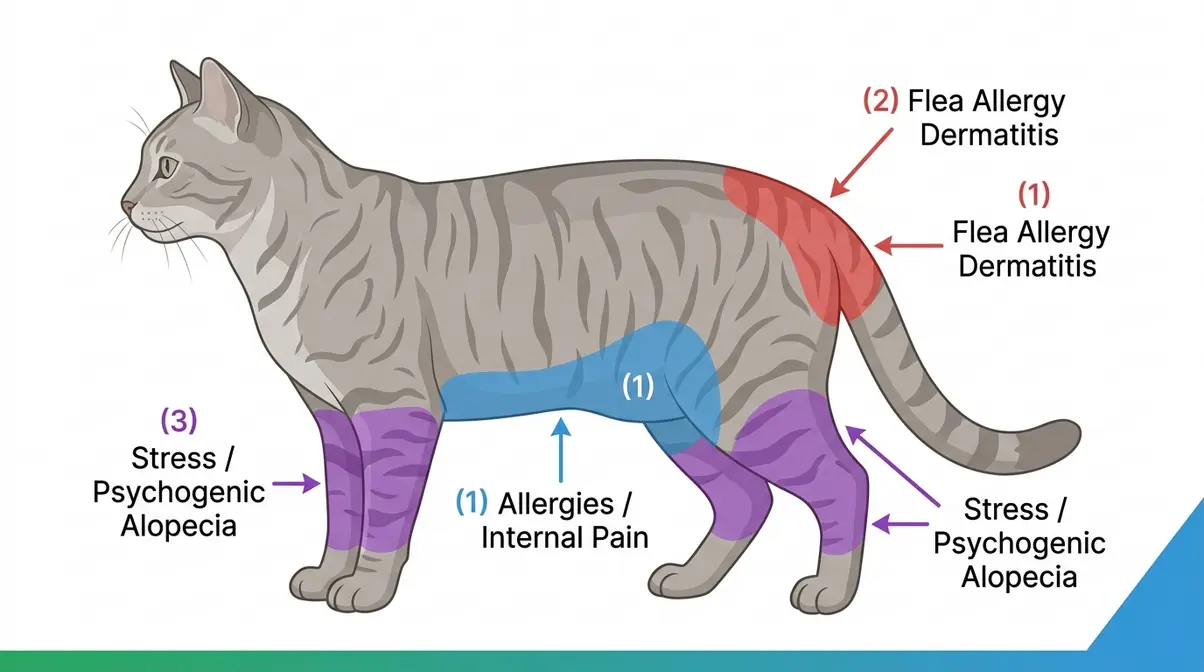Cat body diagram showing overgrooming locations on belly, tail base, and legs with cause labels