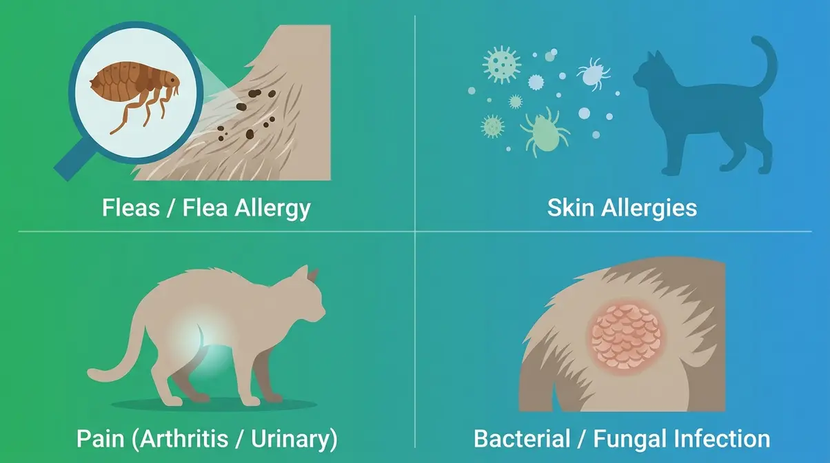 Four medical causes of cat overgrooming illustrated: fleas, allergies, pain, and skin infections