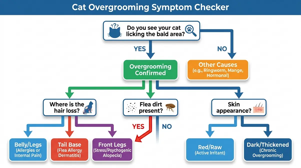 Cat overgrooming causes symptom checker flowchart showing diagnostic decision tree for bald patches