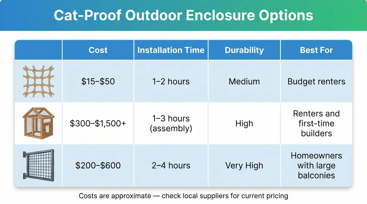Cat-proof balcony and outdoor enclosure comparison table for cat proofing covering cost and durability