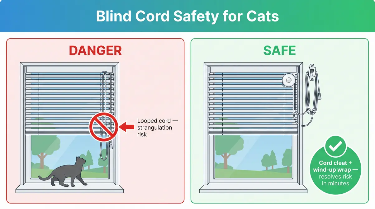 Blind cord safety diagram showing dangerous looped cord versus safe cord cleat solution for cat-proofing