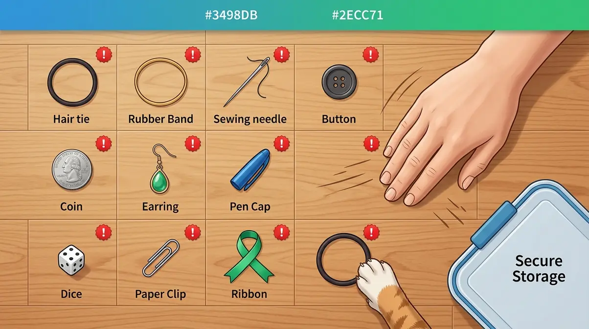 Common choking hazards for cats including hair ties rubber bands and small objects on floor
