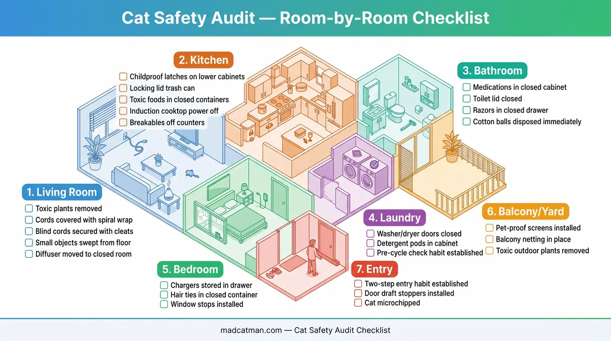 Cat proofing your home room-by-room checklist infographic with seven labeled safety zones