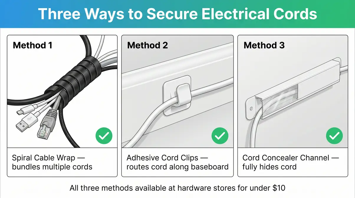 Three methods for securing electrical cords when cat proofing including spiral wrap and cord clips