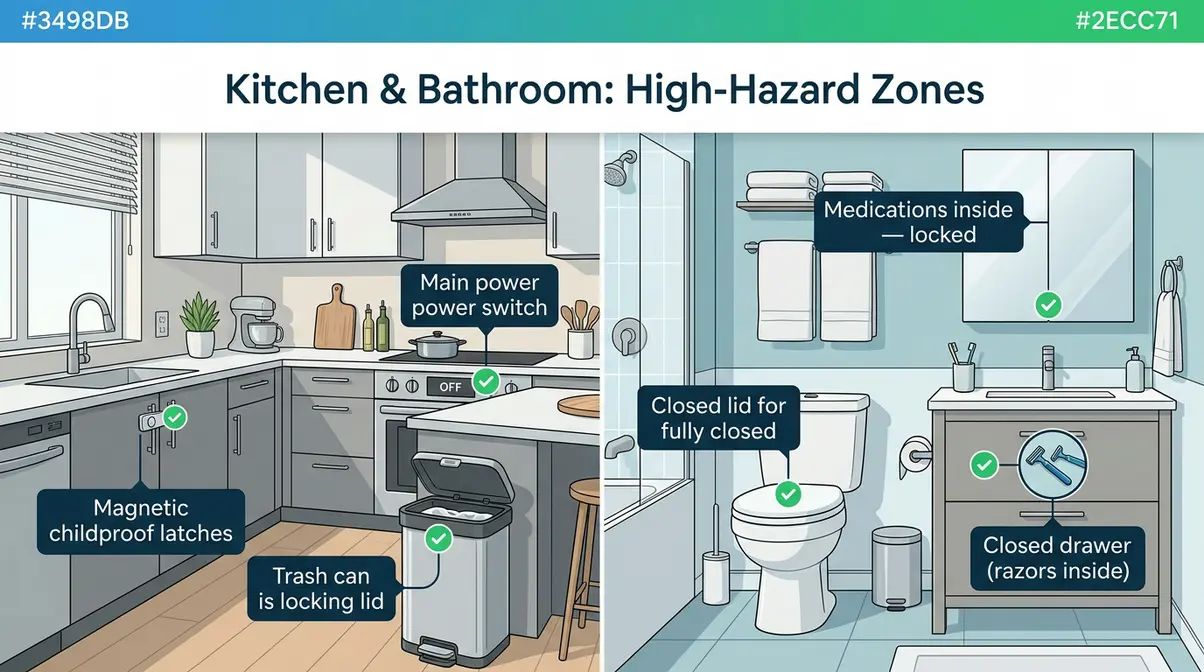 Kitchen and bathroom cat safety zones showing locked cabinets closed toilet lid and secured appliances