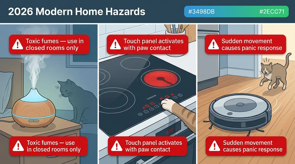 Modern home hazards for cats in 2026 including essential oil diffusers induction stoves and robot vacuums