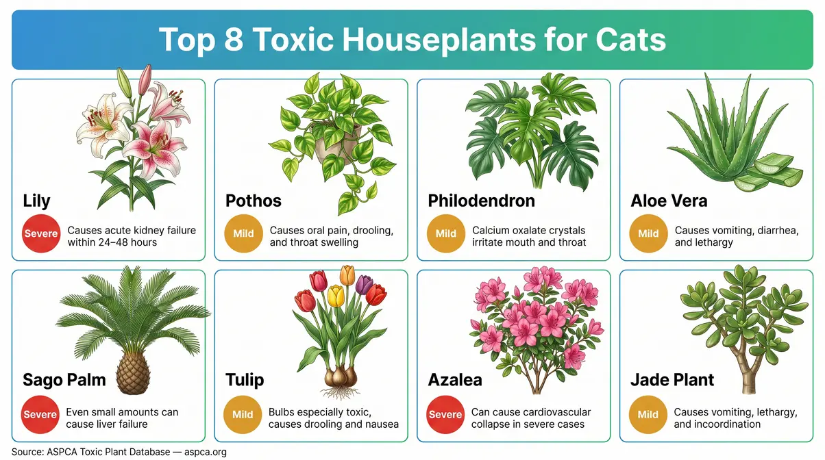 Illustrated guide to eight toxic houseplants for cat proofing your home with toxicity levels