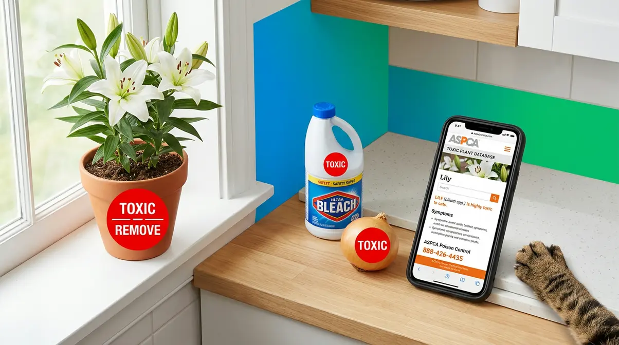 Toxic lily plant and household chemicals labeled as dangers during cat proofing your home