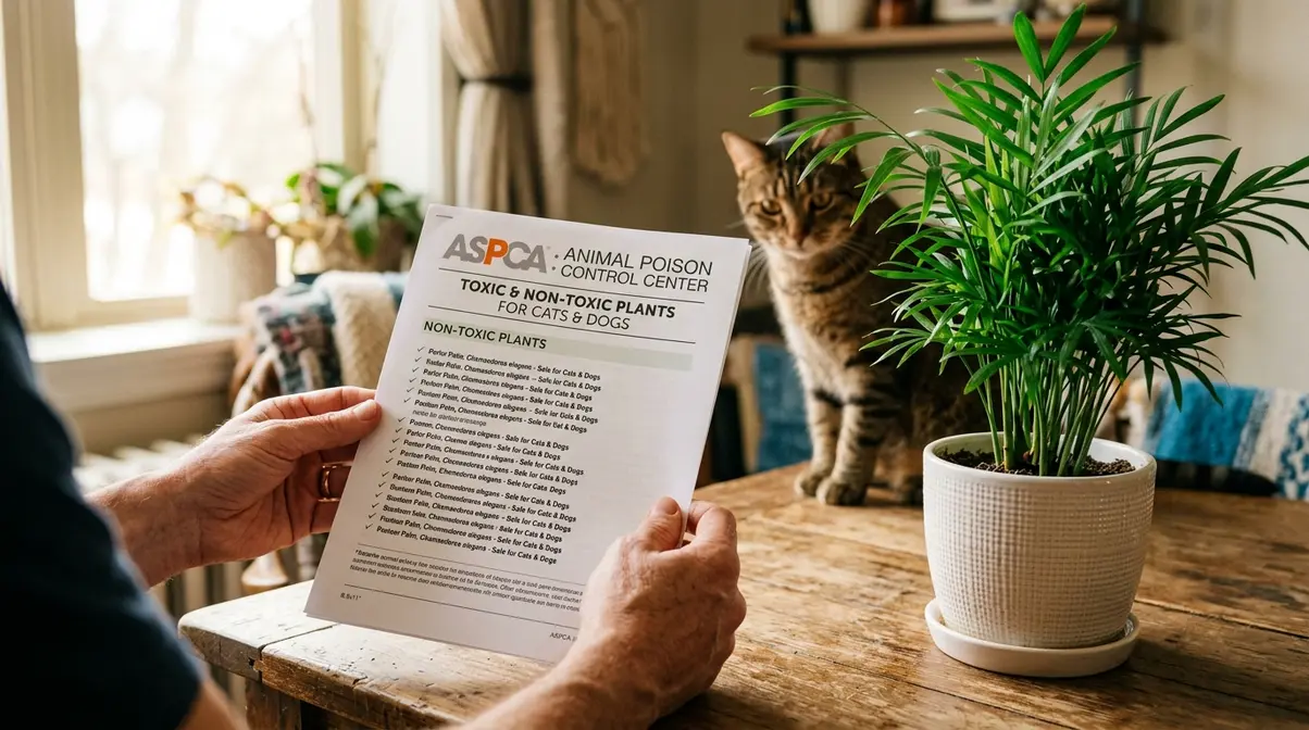 Cat owner reviewing ASPCA plant safety guide next to a parlor palm with cat in background