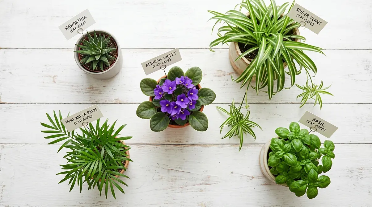 Variety of cat safe plants by type including succulent haworthia, spider plant, African violet, and basil