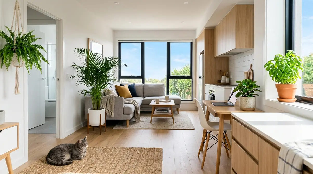 Cat safe plants placed in different rooms including bathroom fern, living room palm, and kitchen herbs