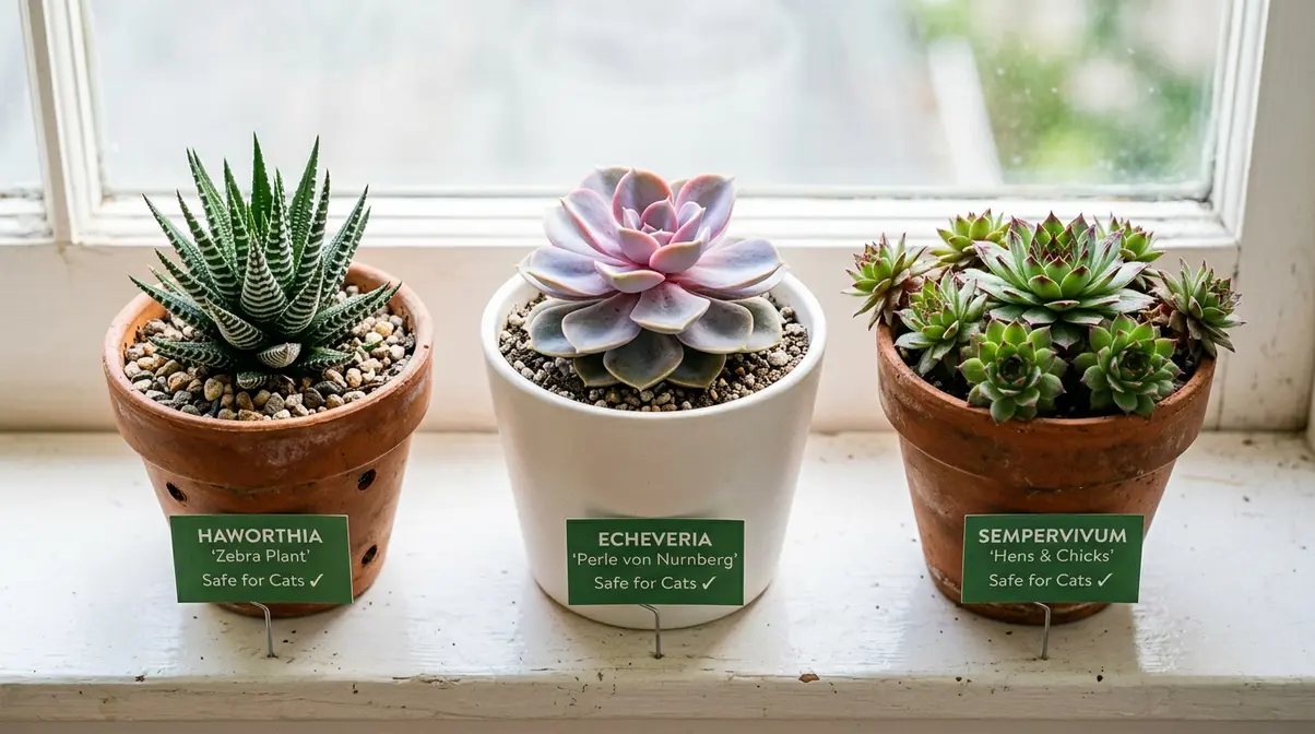 Cat safe succulents haworthia echeveria and hens and chicks on a sunny windowsill