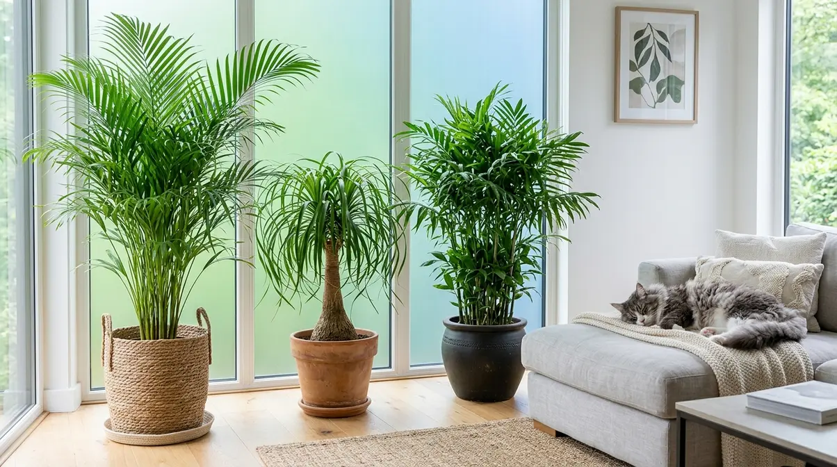 Large cat safe statement plants areca palm ponytail palm and bamboo palm in modern living room
