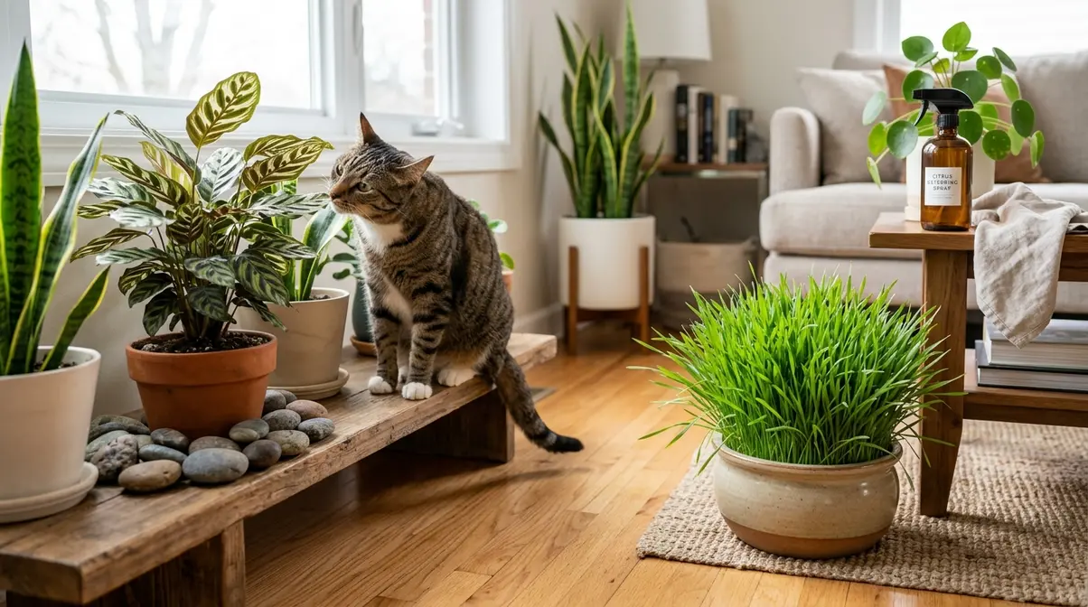 Cat being redirected from houseplant to cat grass with citrus spray and river rocks as deterrents