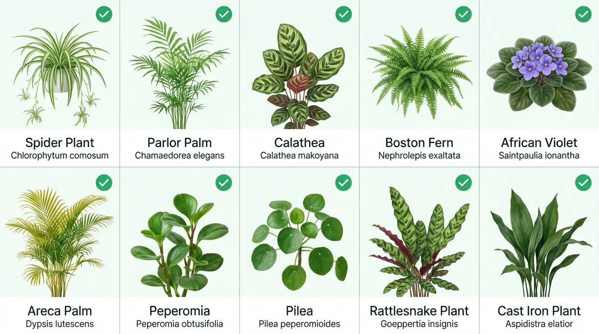 Photo grid of the top 10 cat safe plants for beginners including spider plant and parlor palm
