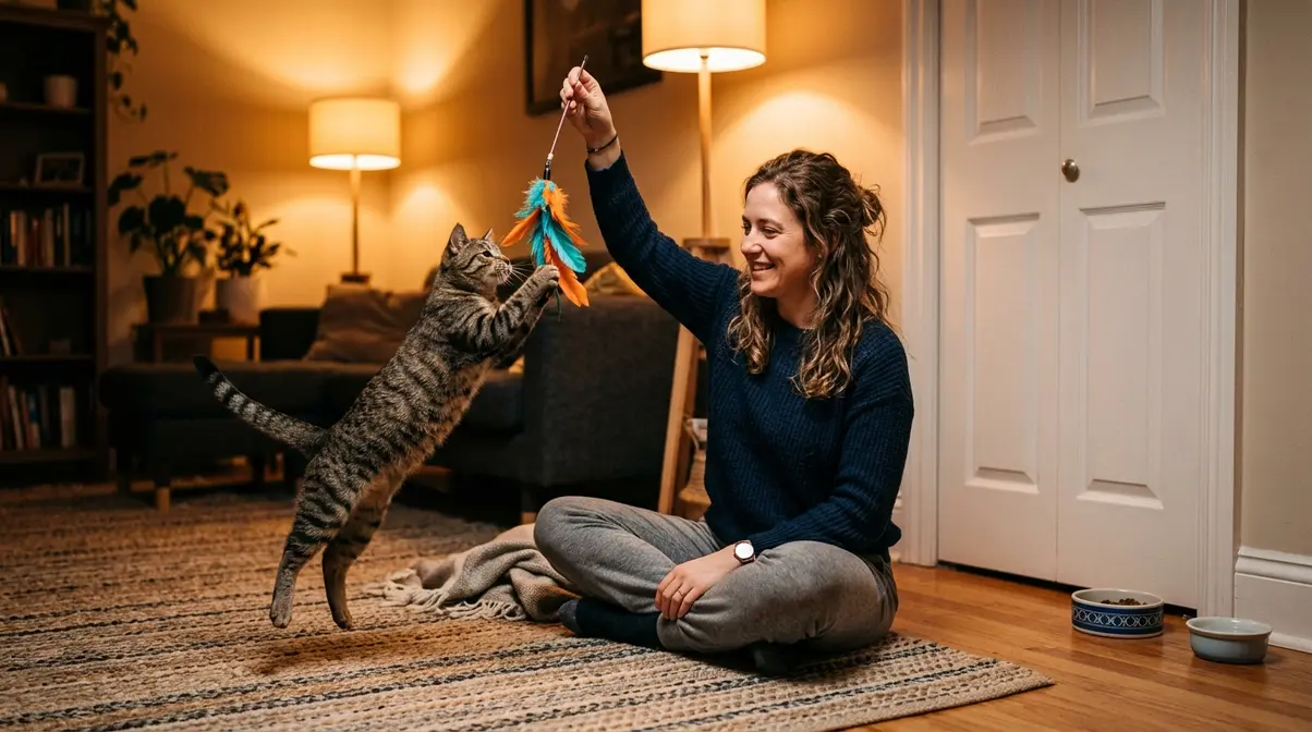 Person playing with wand toy with tabby cat during pre-bedtime routine to stop nighttime scratching