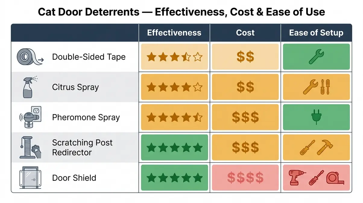 Comparison chart of physical deterrents to stop cat scratching door at night, rated by effectiveness and cost