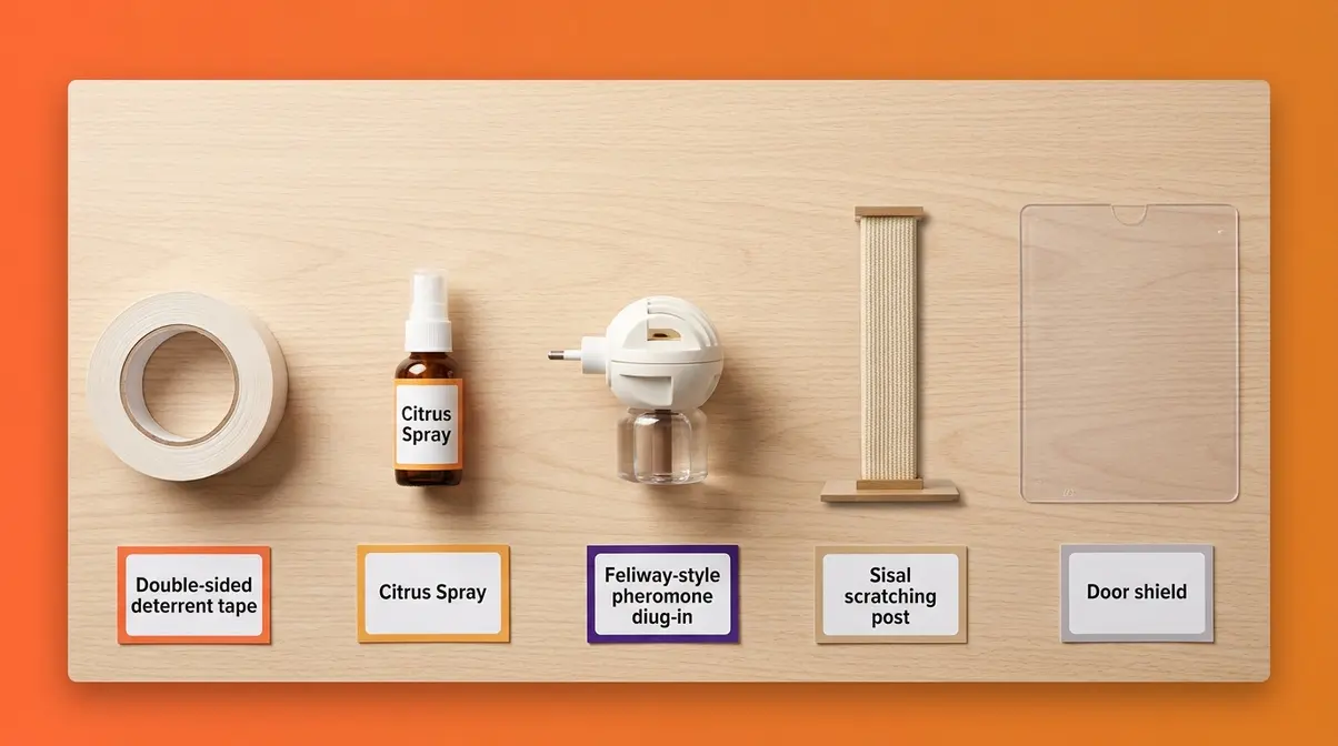 Five cat door scratching deterrents arranged flat-lay including tape citrus spray pheromone diffuser and scratching post