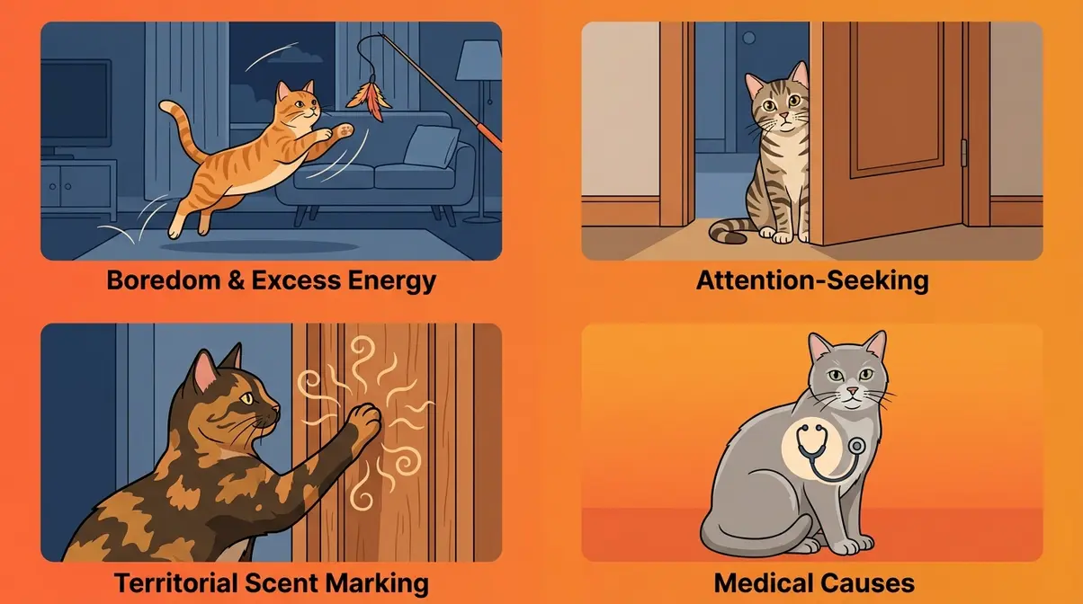Four illustrated panels showing the main causes of cats scratching doors at night including boredom and territory