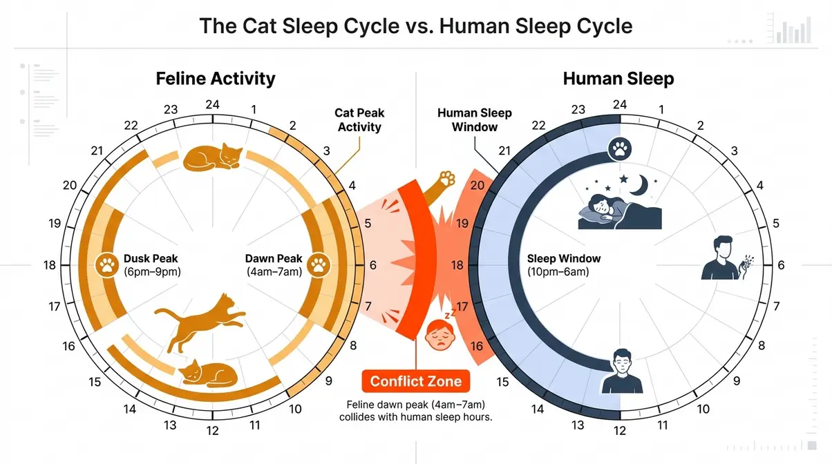 Cat scratching door at night explained through a sleep cycle infographic comparing feline and human activity peaks