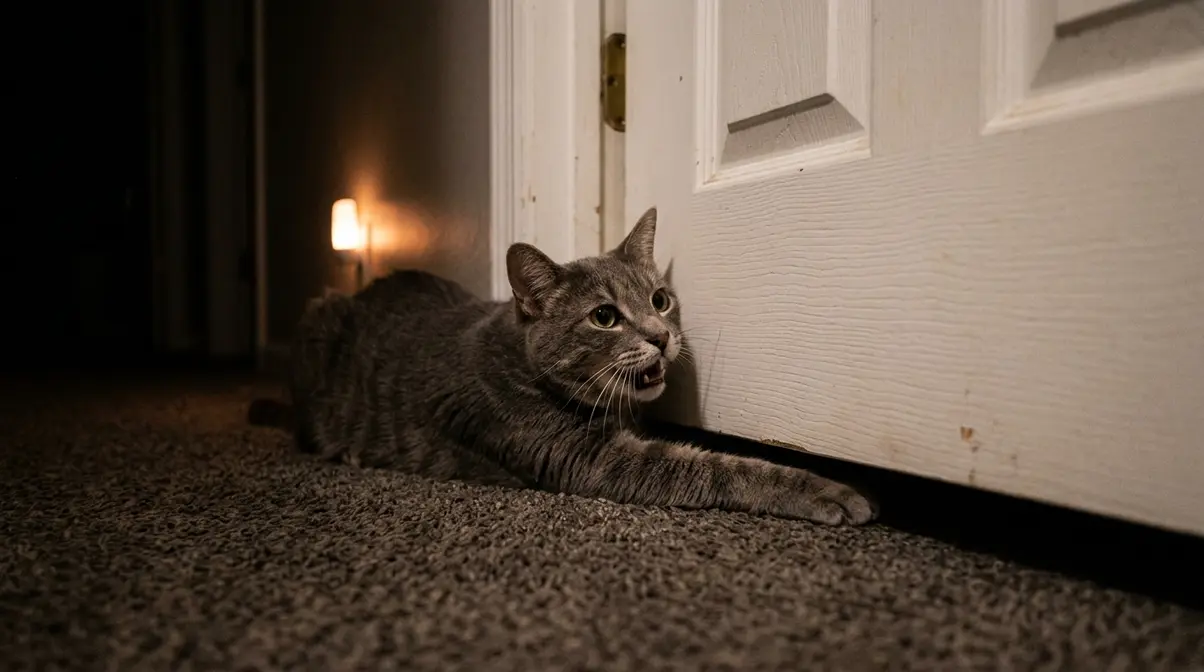Grey cat meowing and scratching at closed bedroom door at night with paw extended under the gap