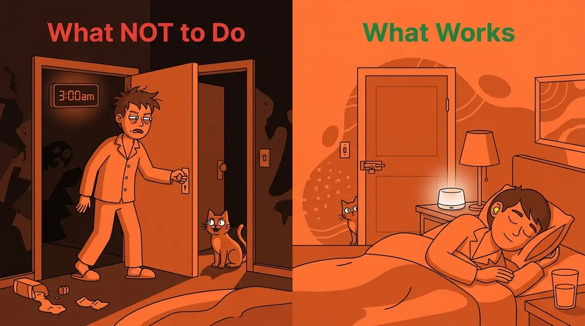 Split illustration showing owner incorrectly opening door versus correctly ignoring cat scratching at night