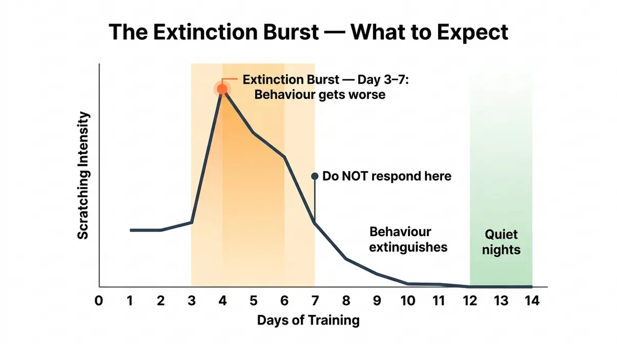 Line graph showing the extinction burst pattern where cat scratching intensifies before stopping during training