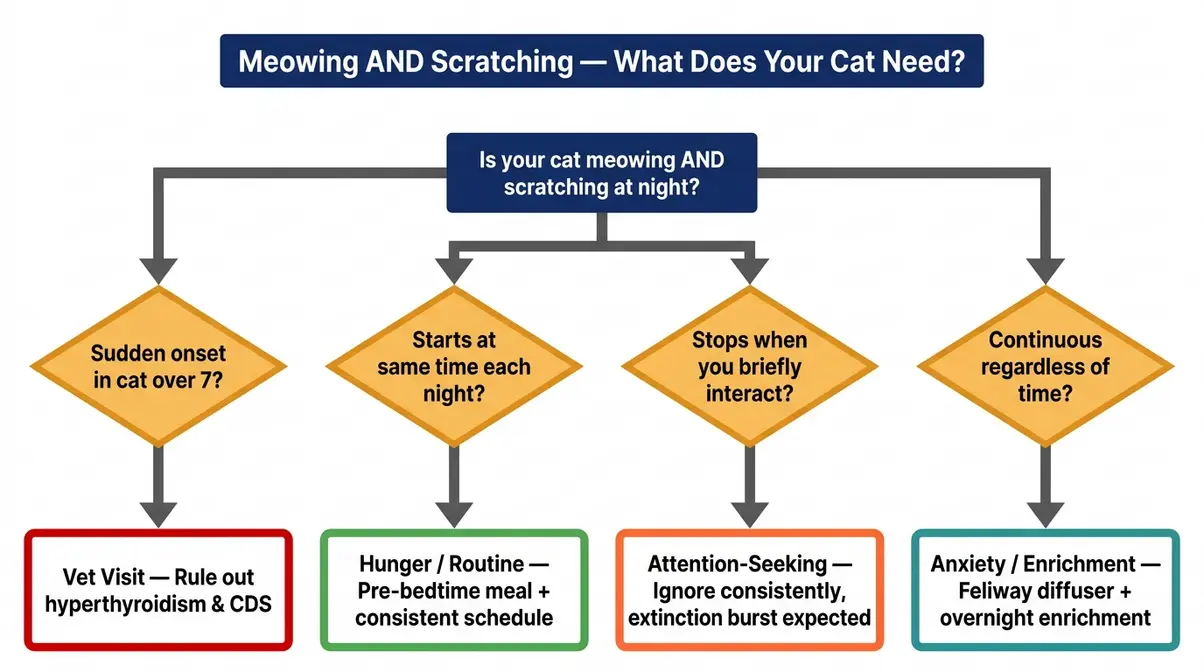 Diagnostic decision tree for cat scratching door at night combined with meowing, showing which cause applies and what to do