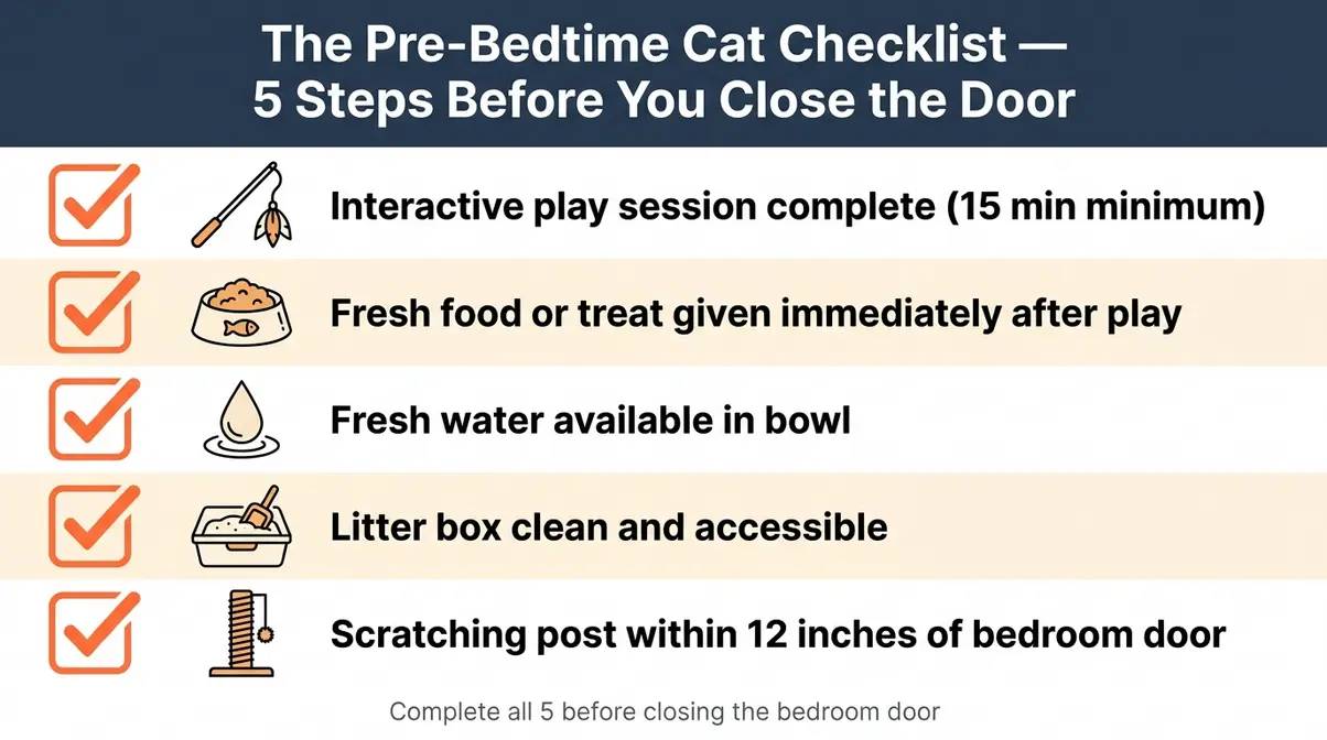 Pre-bedtime checklist to stop cat scratching door at night by meeting all feline needs before sleep