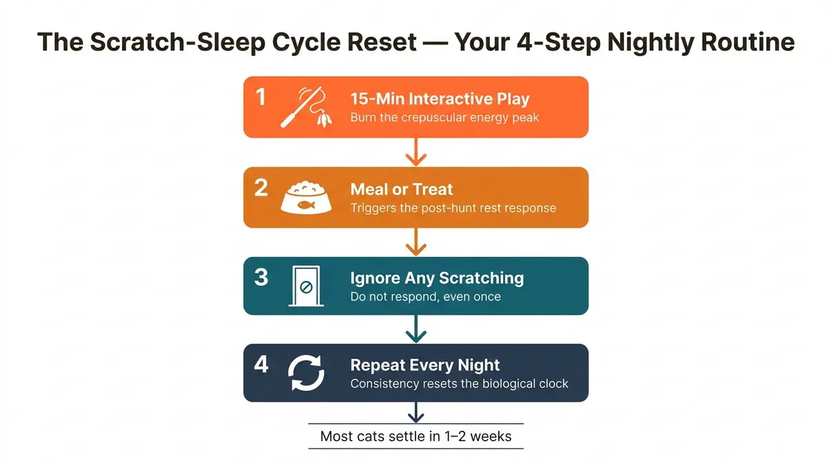 Step-by-step flowchart showing how to stop cat scratching door at night using the pre-bedtime routine reset