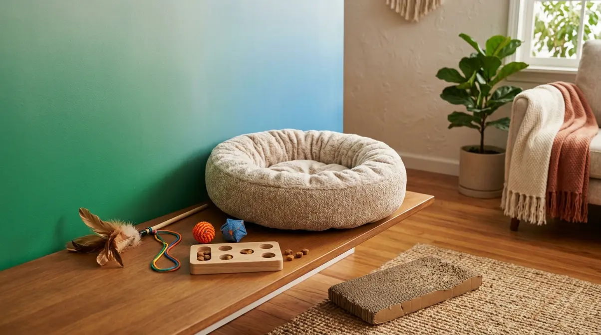 Cat comfort and enrichment setup with donut bed, feather wand toy, scratching pad, and puzzle feeder