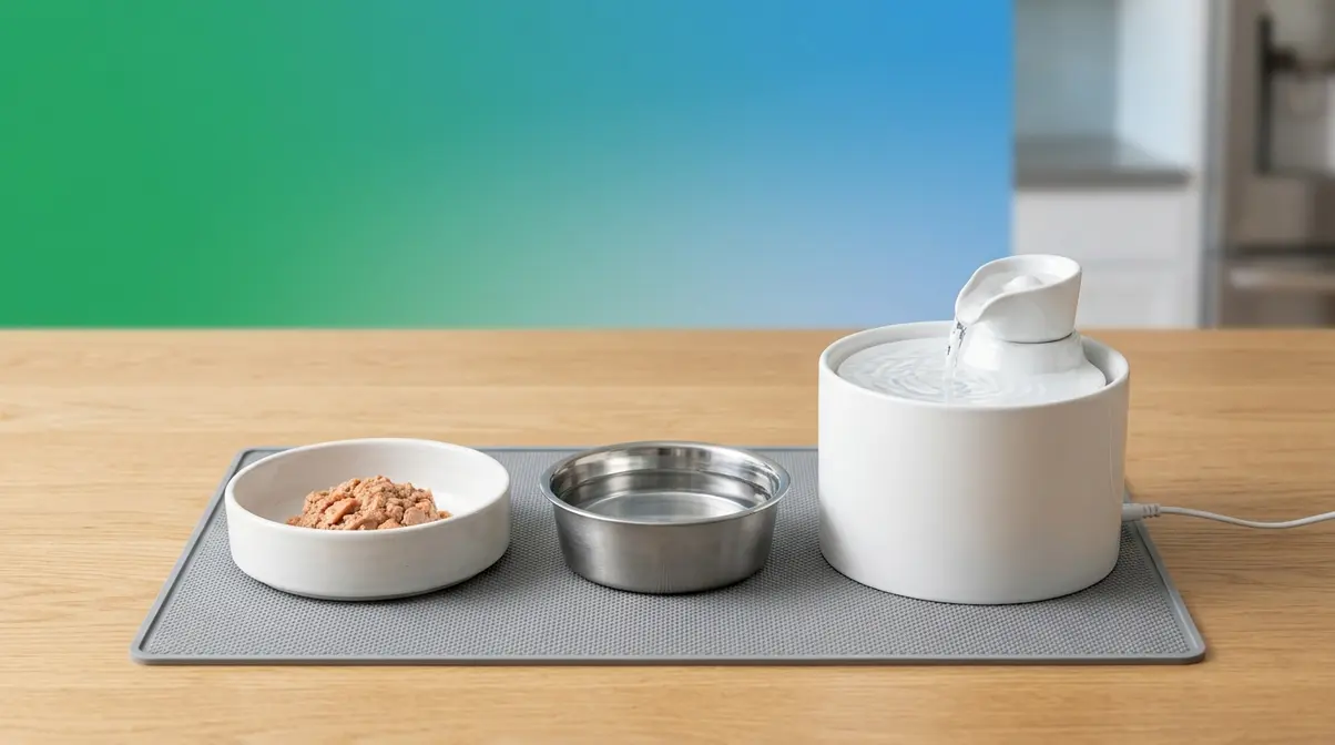Cat feeding station with wide ceramic food bowl, stainless water bowl, and cat water fountain