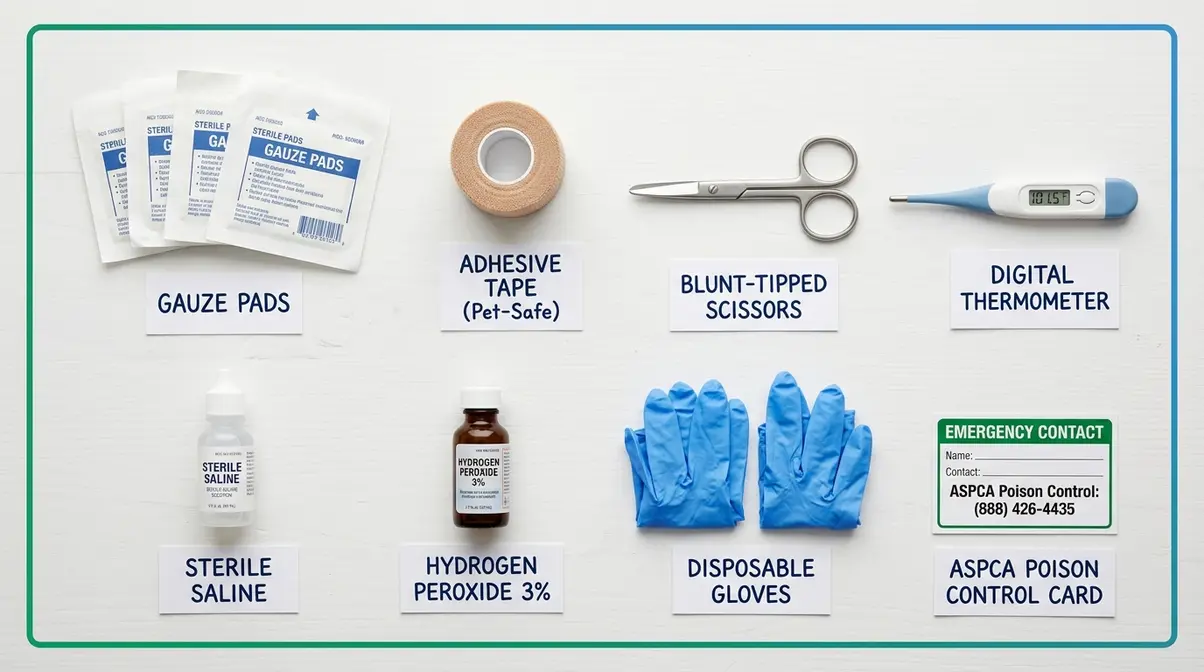 Cat first-aid kit contents including gauze, thermometer, saline, gloves, and ASPCA poison control card
