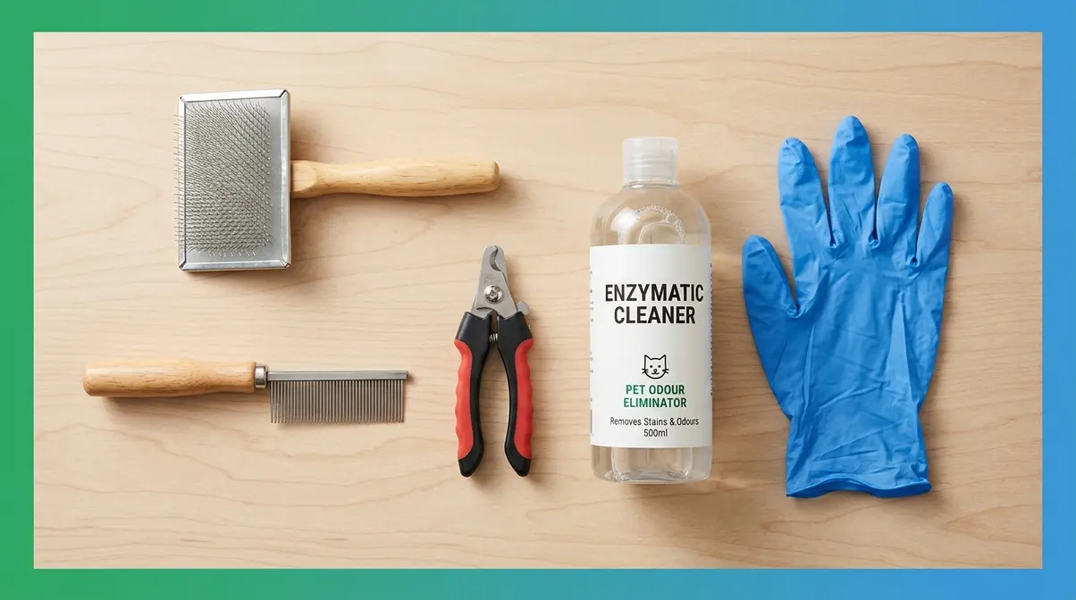 Cat grooming kit including slicker brush, nail clippers, comb, and enzymatic odour cleaner for new owners