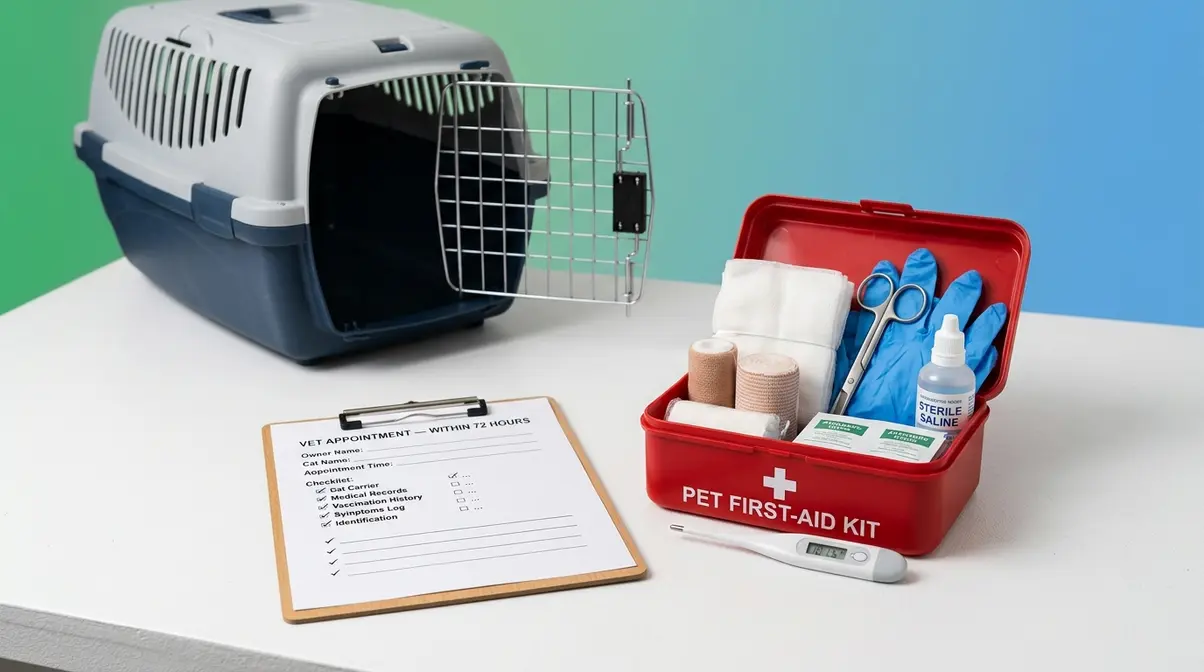 Cat veterinary prep setup showing first-aid kit contents, vet appointment reminder, and cat carrier