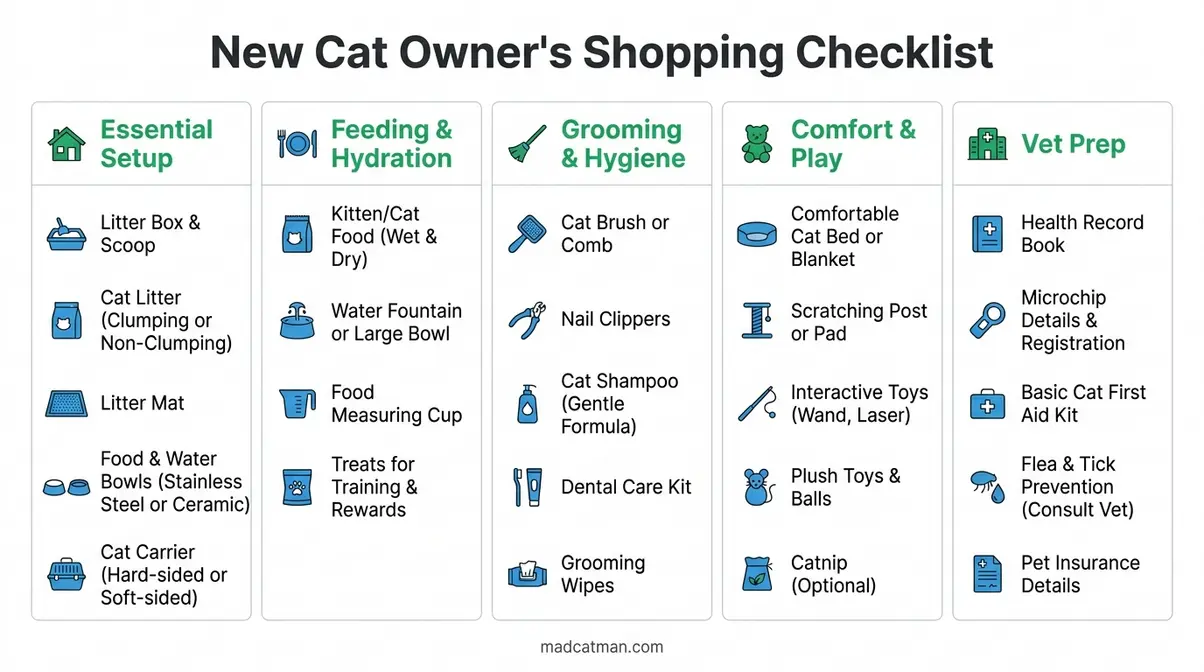 Complete new cat owner shopping checklist infographic covering five essential supply categories