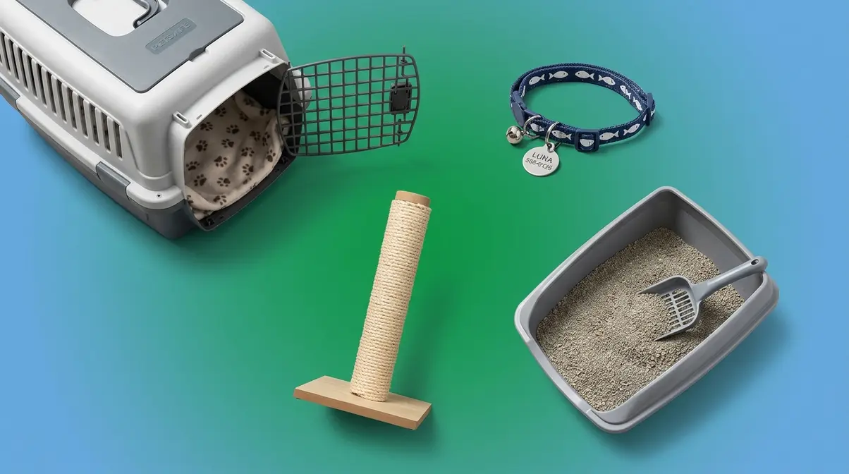 Essential cat supplies for new owners including carrier, breakaway collar, scratching post, and litter tray