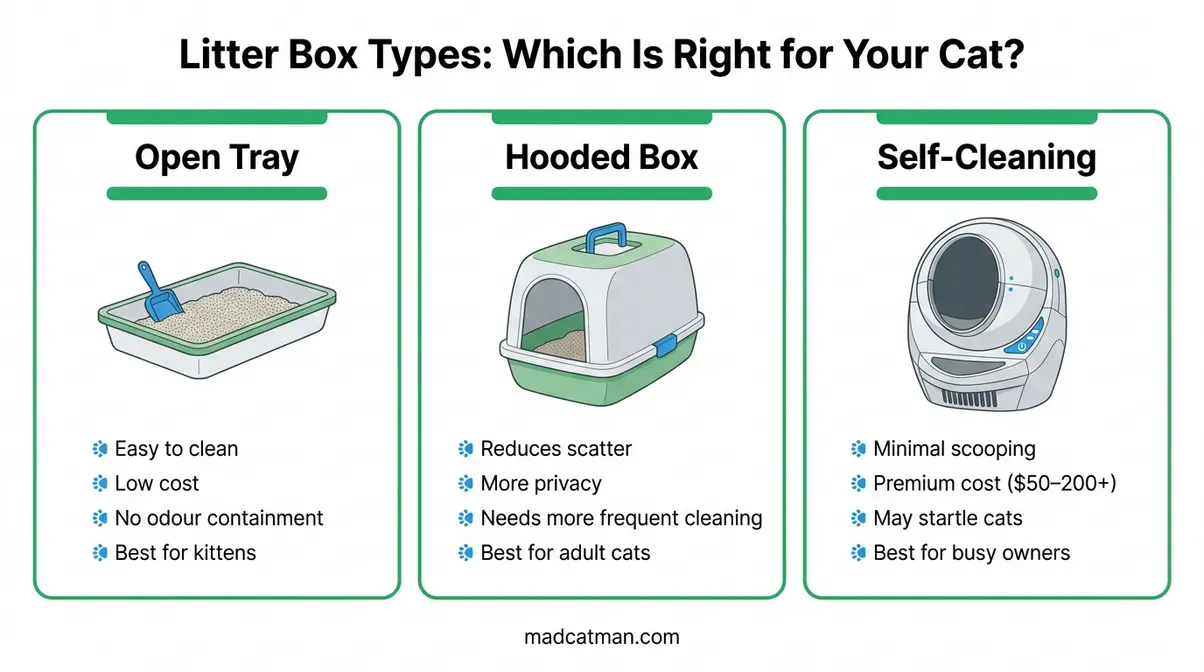 Comparison chart showing open, hooded, and self-cleaning litter box types for new cat owners