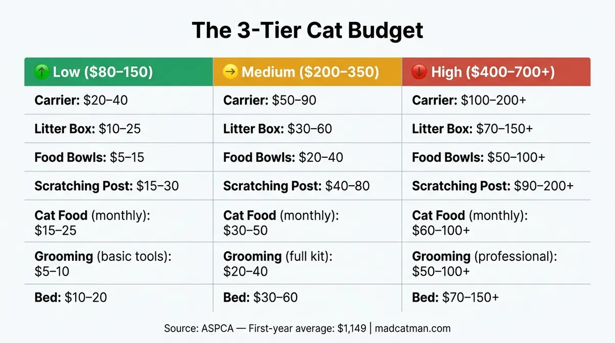 New cat owner shopping checklist budget breakdown showing low, medium, and high cost tiers for essential cat supplies