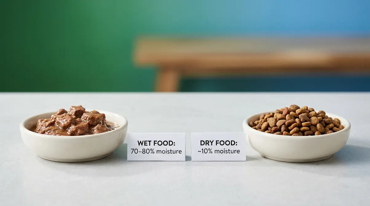 Side-by-side comparison of wet cat food and dry cat kibble in ceramic bowls showing moisture difference