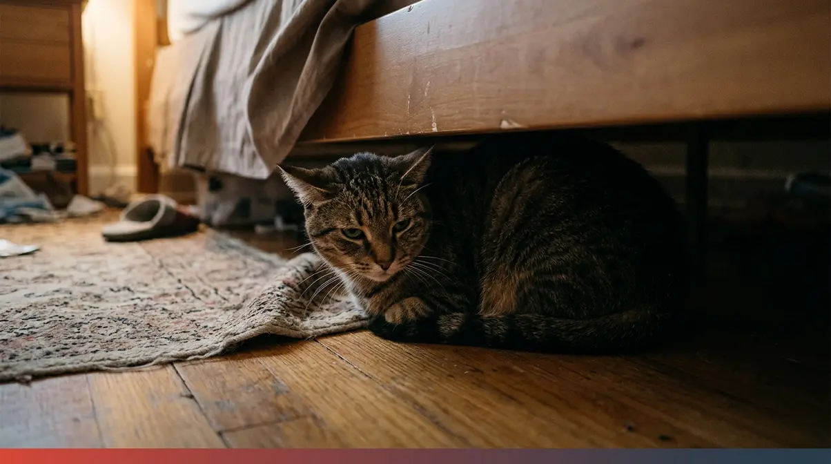 Cat hiding under furniture with tail tucked flat showing behavioral signs of tail injury pain