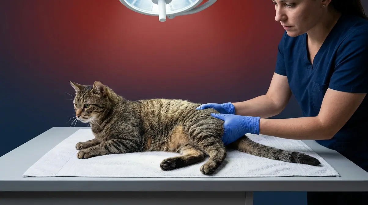 Cat with limp dragging tail and weak hind legs showing emergency neurological tail injury signs